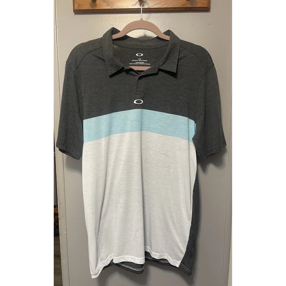 Oakley Polo Shirt Mens Large Blue Grey Stripe Athletic Golf Short Sleeve